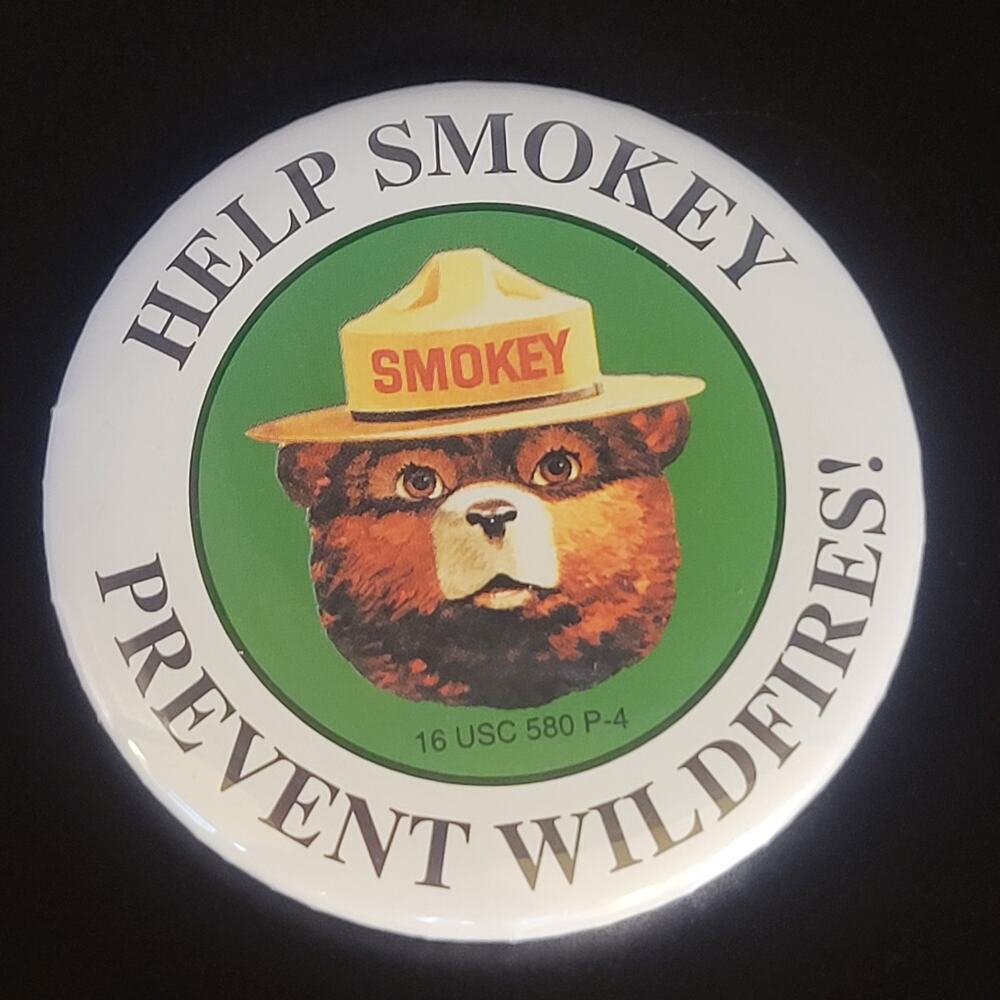 Vintage Smokey Bear Pin Wildfire Prevention Button, 2.49" Diameter